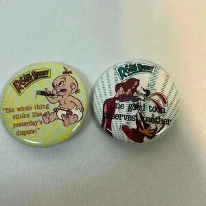 2‎ VINTAGE ROGER RABBIT BABY HERMAN & JESSICA ROUND METAL PINS BUTTONS